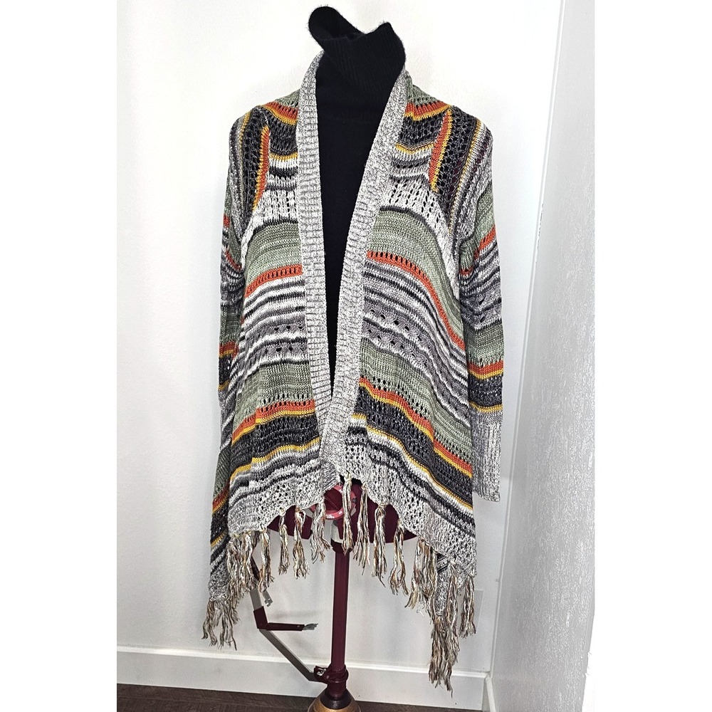Poof M Boho Fringe Open Front Striped Cardigan Sweater